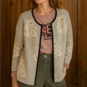 Vtg Classiques Entier Cream Floral Alpaca Mohair Open Front Sweater Cardigan